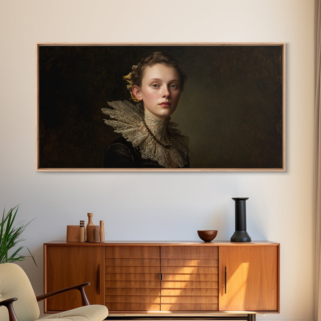 Classical Portrait with Lace Collar and Jewel Framed Canvas Print, Baroque Art, Oil Painting, Living Room Decor, Ornate, BAO-2x1-99