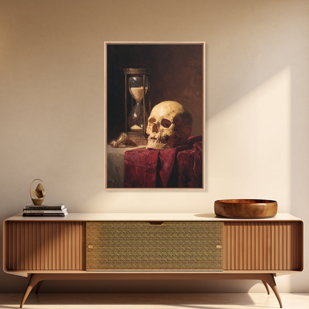 Skull and Hourglass Vanitas Still Life Framed Canvas Print, Baroque Art, Neutral Decor, Living Room Decor, Fine Art, Ornate, BAO-2x3-13