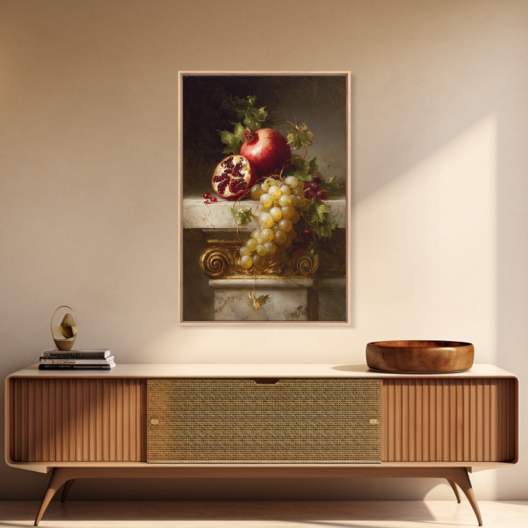Pomegranate and Grapes on a Marble Ledge Canvas Print, Baroque Art, Printable Wall Art, Living Room Decor, Fine Art, Ornate, BAO-2x3-16