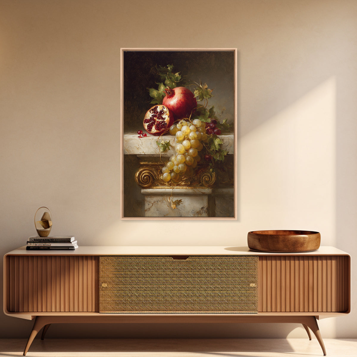 Pomegranate and Grapes on a Marble Ledge Canvas Print, Baroque Art, Printable Wall Art, Living Room Decor, Fine Art, Ornate, BAO-2x3-16