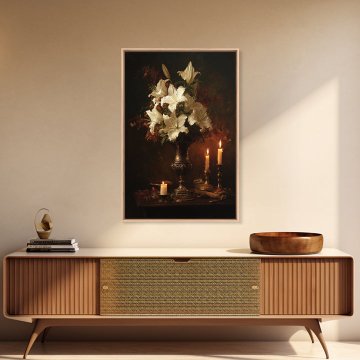 Dramatic White Lilies Framed Canvas Print, Baroque Art, Modern Decor, Living Room Decor, Oil Painting, Ornate, Poster, BAO-2x3-20