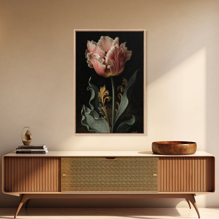Black Background Tulips Framed Canvas Print, Baroque Art, Oil Painting, Living Room Decor, Fine Art, Ornate, Eclectic Wall Art, BAO-2x3-24