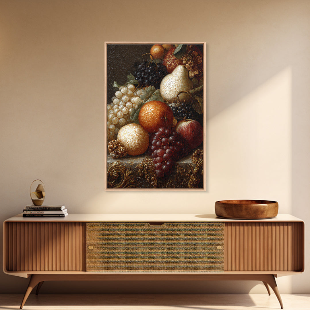 Lavish Banquet Fruit Composition Framed Canvas Print, Baroque Art, Textured Painting, Living Room Decor, Fine Art, Ornate, BAO-2x3-28