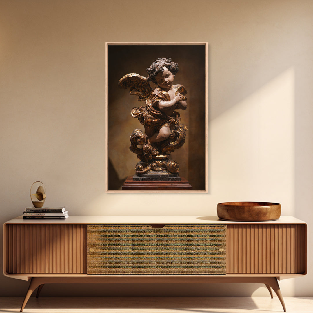 Ornate Cherub Figure Surrounded by Clouds and Framed Canvas Print, Baroque Art, Neutral Decor, Living Room Decor, Oil Painting, BAO-2x3-34