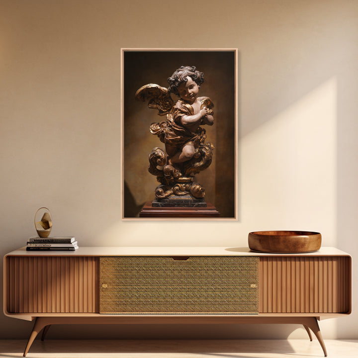 Ornate Cherub Figure Surrounded by Clouds and Framed Canvas Print, Baroque Art, Neutral Decor, Living Room Decor, Oil Painting, BAO-2x3-34