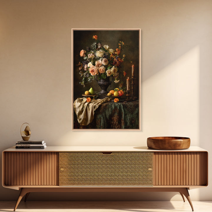Dark Floral Arrangement Framed Canvas Print, Baroque Art, Decor, Living Room Decor, Fine Art, Ornate, Moody Wall Art, BAO-2x3-36