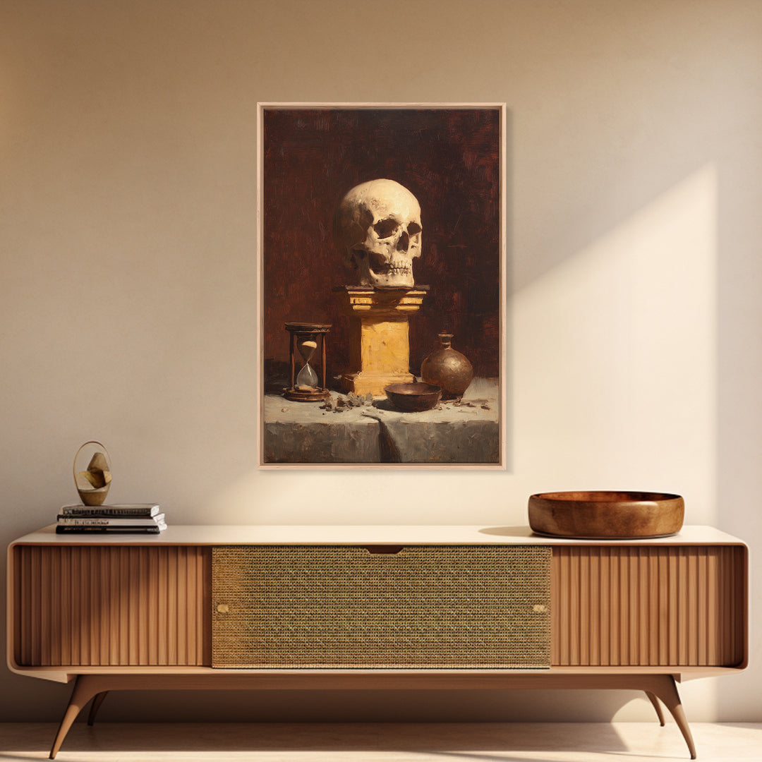 Skull and Hourglass Vanitas Still Life Framed Canvas Print, Baroque Art, Neutral Decor, Living Room Decor, Fine Art, Ornate, BAO-2x3-37