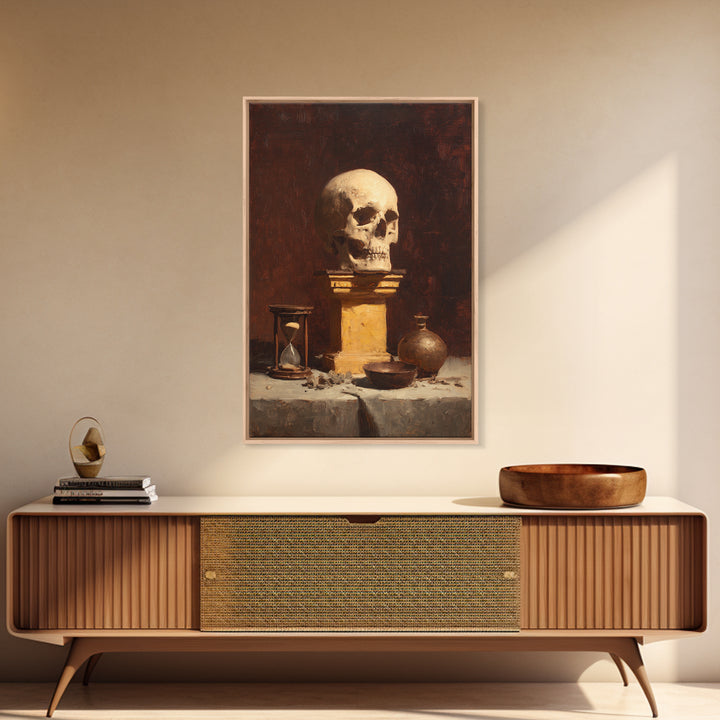 Skull and Hourglass Vanitas Still Life Framed Canvas Print, Baroque Art, Neutral Decor, Living Room Decor, Fine Art, Ornate, BAO-2x3-37