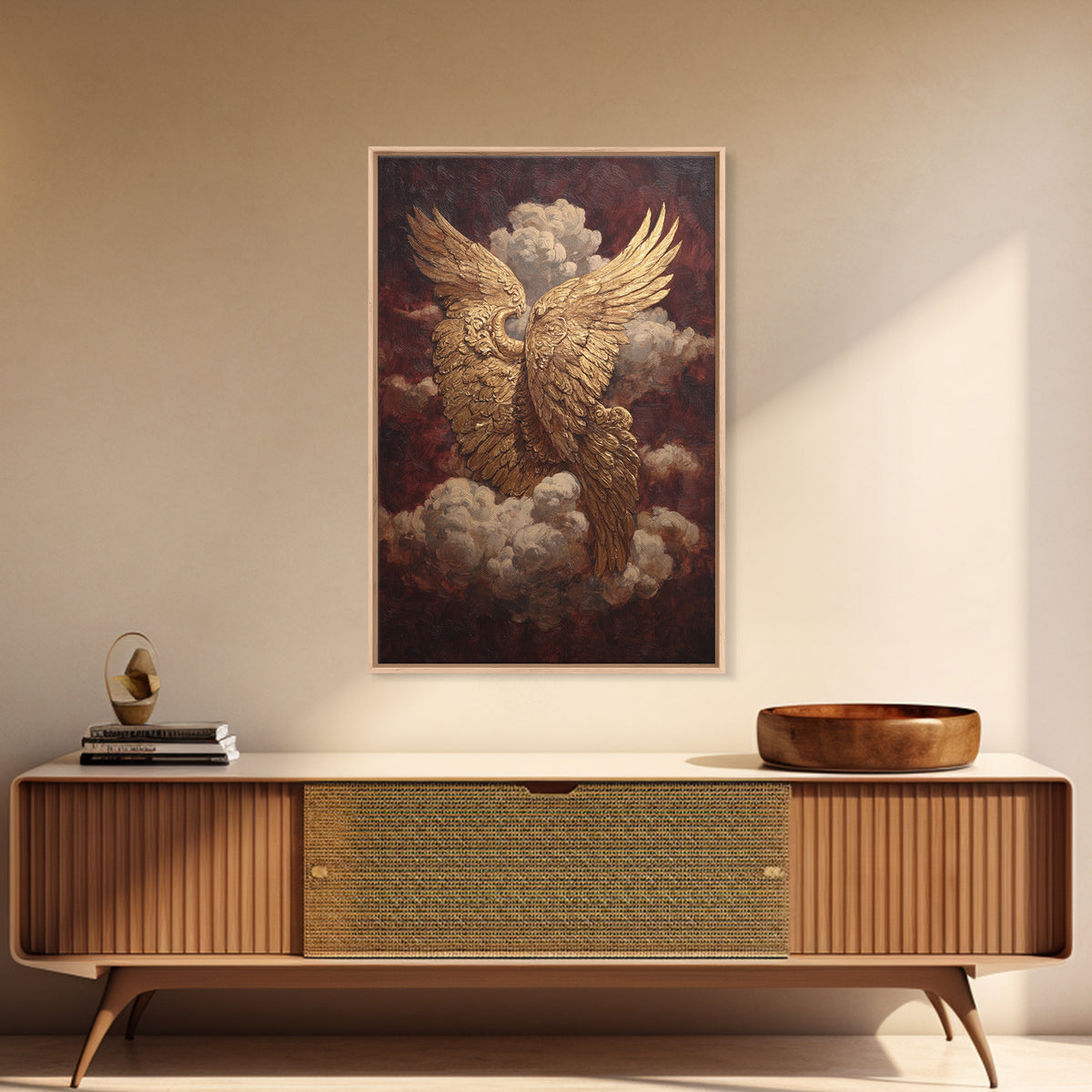 Gilded Angel Wings Emerging from Storm Clouds Framed Canvas Print, Baroque Art, Modern Decor, Living Room Decor, Ornate, BAO-2x3-38