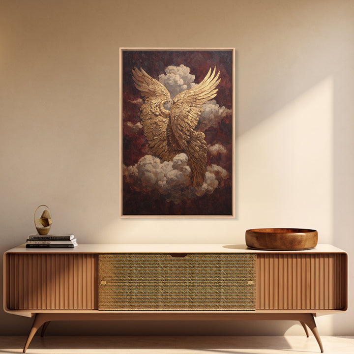 Gilded Angel Wings Emerging from Storm Clouds Framed Canvas Print, Baroque Art, Modern Decor, Living Room Decor, Ornate, BAO-2x3-38