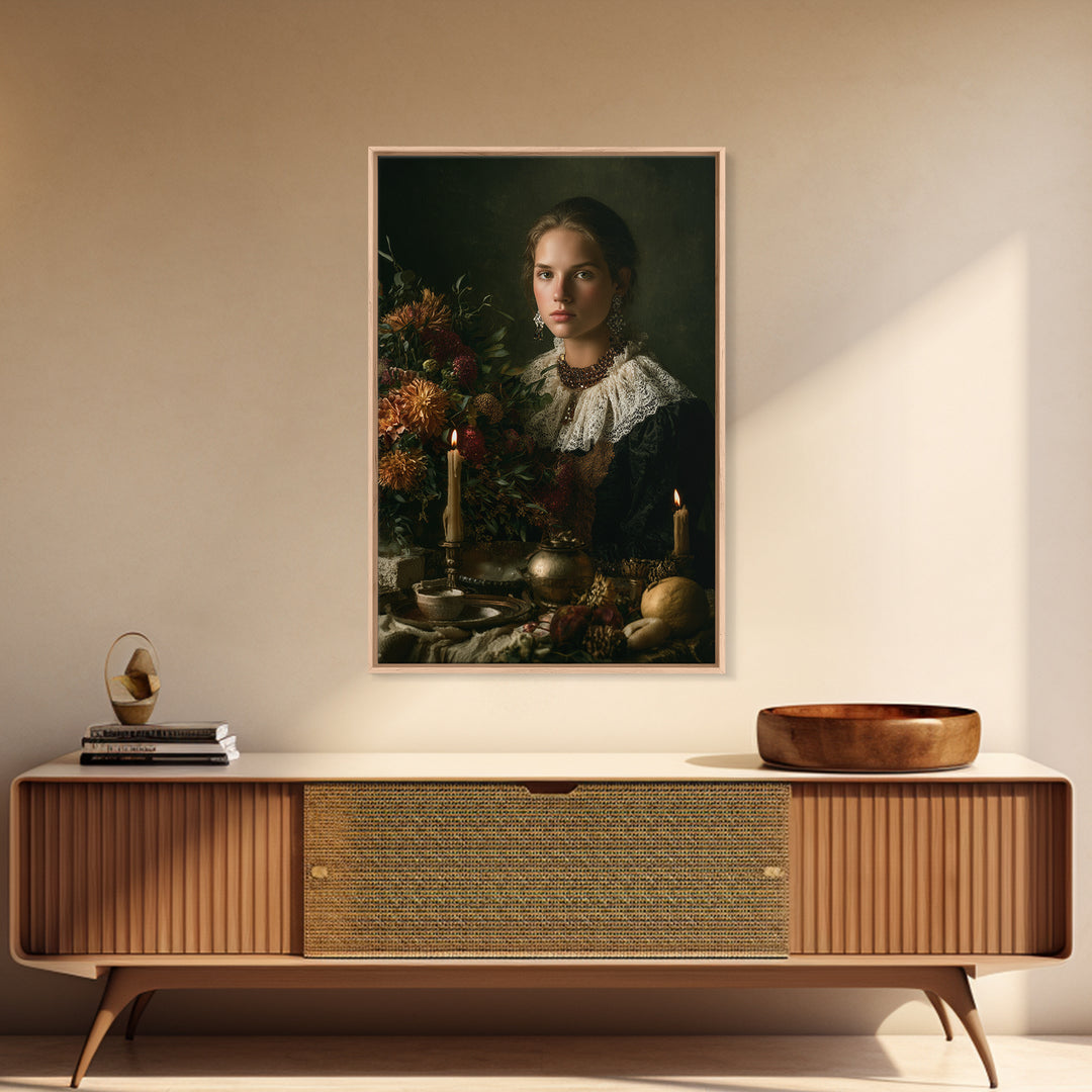 Classical Portrait with Lace Collar and Jewel Canvas Print, Baroque Art, Gallery Wall, Living Room Decor, Oil Painting, Ornate, BAO-2x3-39