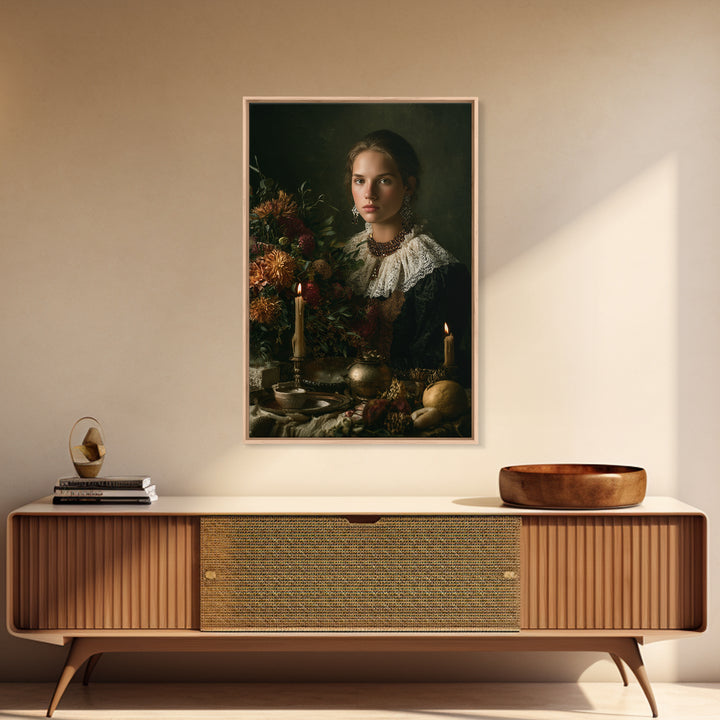 Classical Portrait with Lace Collar and Jewel Canvas Print, Baroque Art, Gallery Wall, Living Room Decor, Oil Painting, Ornate, BAO-2x3-39