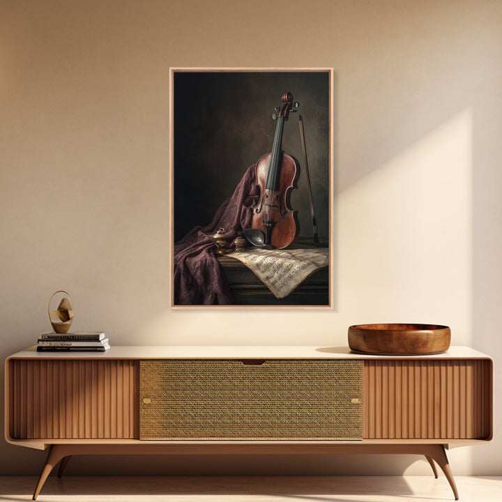 Baroque Violin and Sheet Music Still Life Framed Canvas Print, Baroque Art, Dark Academia Art, Living Room Decor, Ornate, BAO-2x3-43