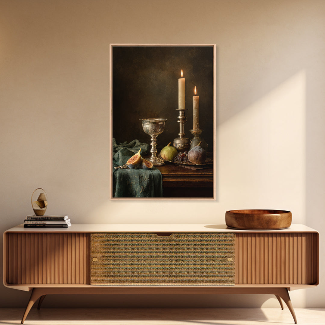 Candlelit Table with Silver Goblet and Figs Canvas Print, Baroque Art, Fine Art Print, Living Room Decor, Fine Art, Ornate, BAO-2x3-45