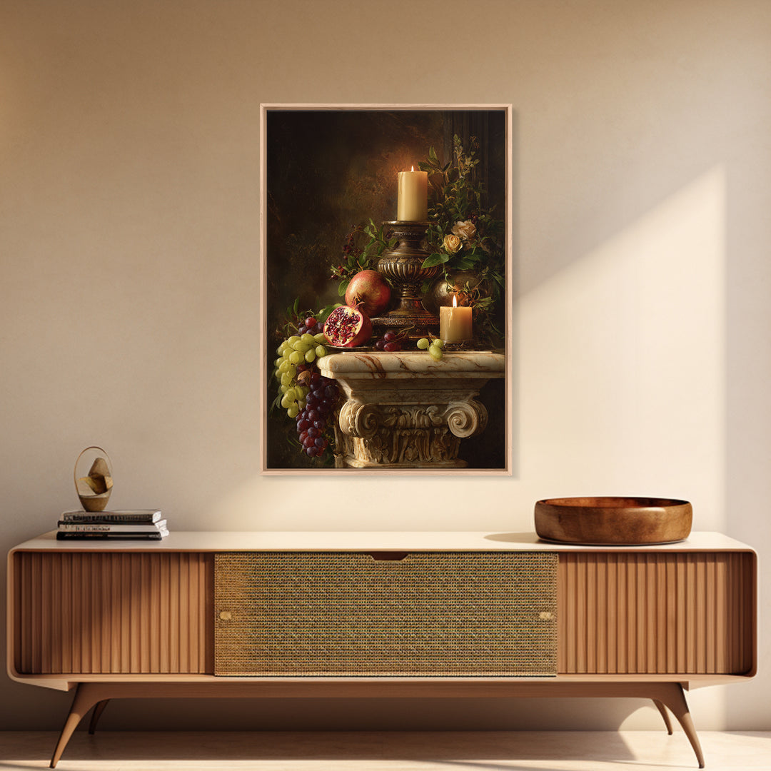 Pomegranate and Grapes on a Marble Ledge Framed Canvas Print, Baroque Art, Dark Academia Art, Living Room Decor, Ornate, BAO-2x3-64