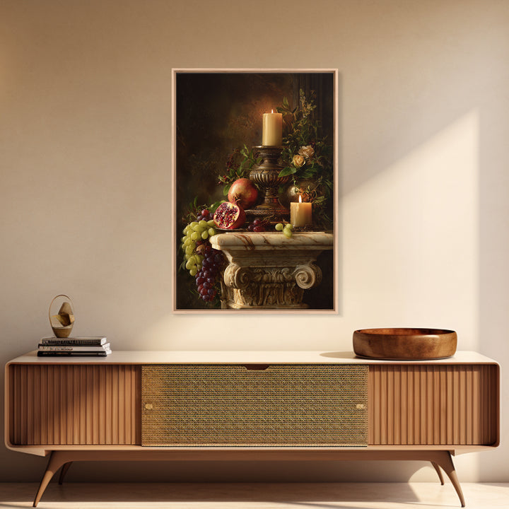 Pomegranate and Grapes on a Marble Ledge Framed Canvas Print, Baroque Art, Dark Academia Art, Living Room Decor, Ornate, BAO-2x3-64