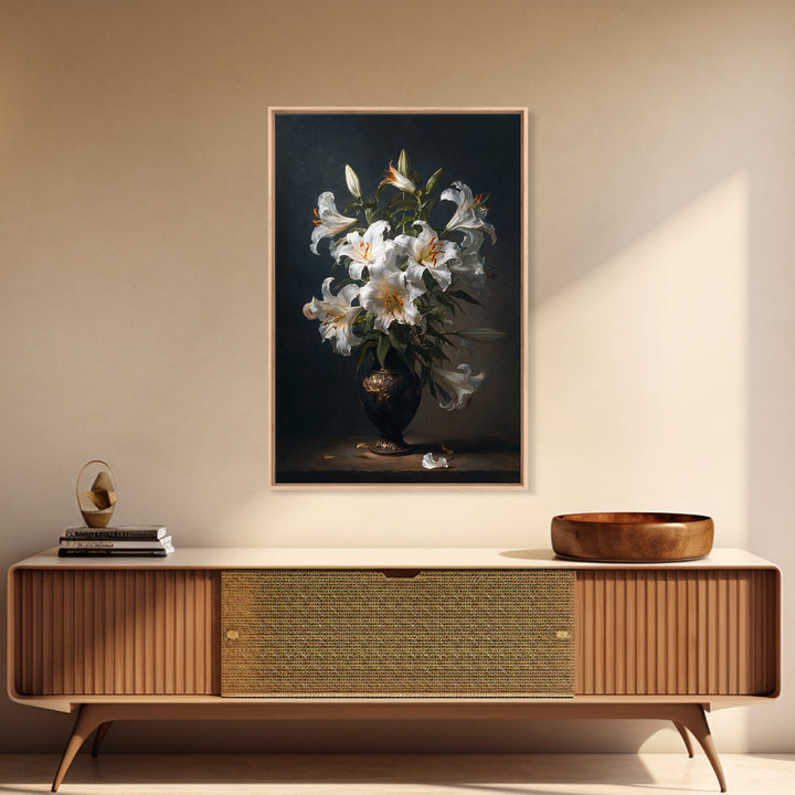 Dramatic White Lilies Framed Canvas Print, Baroque Art, Modern Decor, Living Room Decor, Fine Art, Ornate, Poster, Painting, BAO-2x3-68