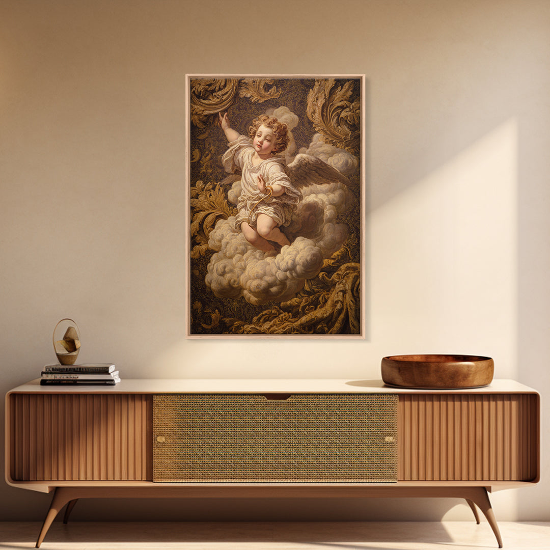 Ornate Cherub Figure Surrounded by Clouds and Canvas Print, Baroque Art, Luxury Decor, Living Room Decor, Fine Art, Ornate, BAO-2x3-82