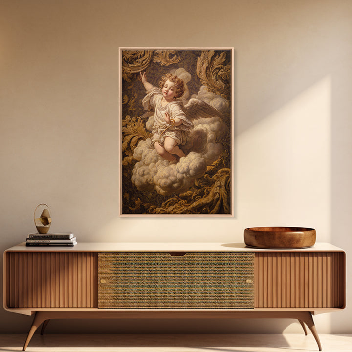 Ornate Cherub Figure Surrounded by Clouds and Canvas Print, Baroque Art, Luxury Decor, Living Room Decor, Fine Art, Ornate, BAO-2x3-82