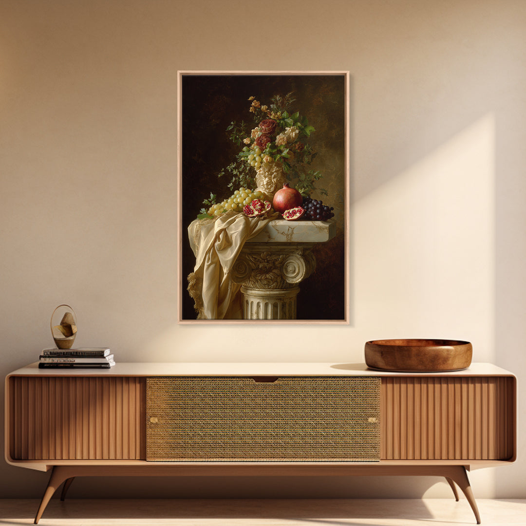 Pomegranate and Grapes on a Marble Ledge Framed Canvas Print, Baroque Art, Neutral Decor, Living Room Decor, Fine Art, Ornate, BAO-2x3-88