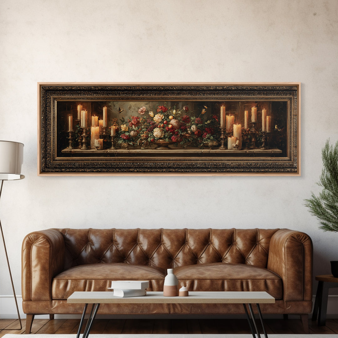 Ornate Gold Frame Illusion Around a Botanical Framed Canvas Print, Baroque Art, Wall Art, Living Room Decor, Fine Art, Ornate, BAO-3x1-1