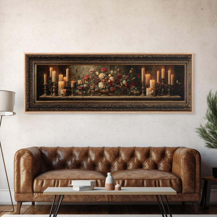 Ornate Gold Frame Illusion Around a Botanical Framed Canvas Print, Baroque Art, Wall Art, Living Room Decor, Fine Art, Ornate, BAO-3x1-1