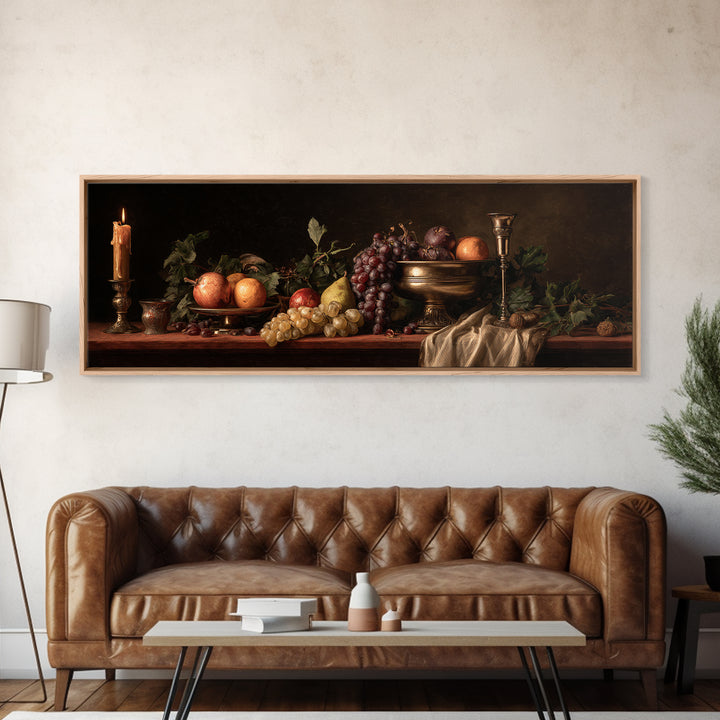 Dramatic Fruit Still Life Framed Canvas Print, Baroque Art, Decor, Living Room Decor, Fine Art, Ornate, Moody Wall Art, BAO-3x1-17