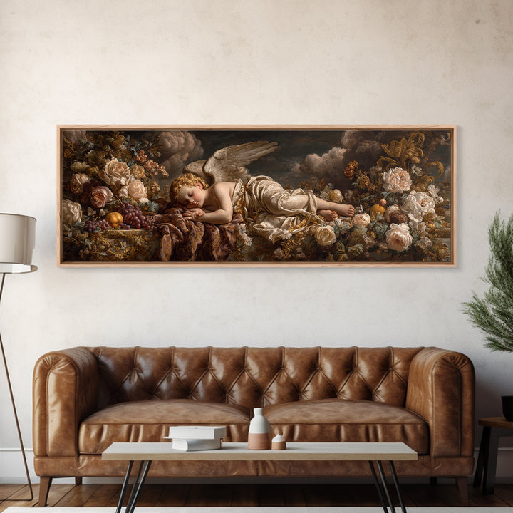 Ornate Cherub Figure Surrounded by Clouds and Framed Canvas Print, Baroque Art, Contemporary Art, Living Room Decor, Ornate, BAO-3x1-18