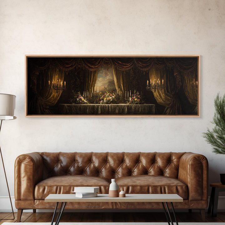 Velvet Drapery with Pearls Flowers and Candlelight Canvas Print, Baroque Art, Baroque, Living Room Decor, Watercolor Art, BAO-3x1-19
