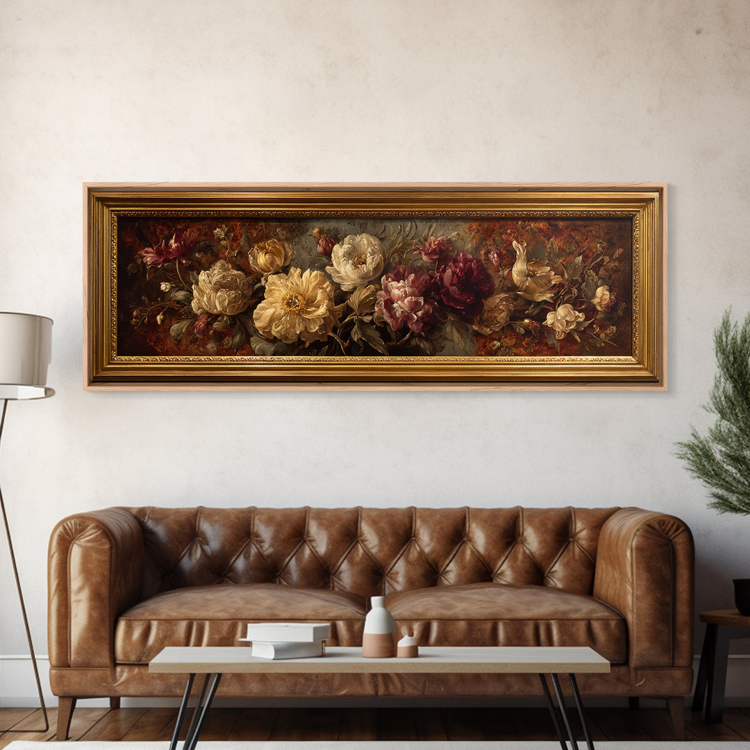 Ornate Gold Frame Illusion Around a Botanical Canvas Print, Baroque Art, Canvas, Living Room Decor, Fine Art, Ornate, BAO-3x1-25