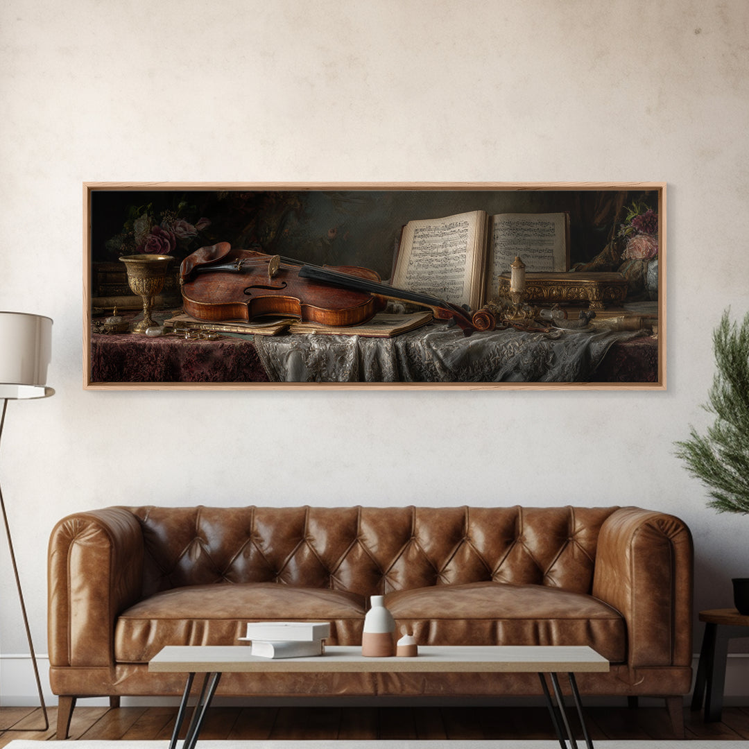 Baroque Violin and Sheet Music Still Life Framed Canvas Print, Baroque Art, Home Decor, Living Room Decor, Fine Art, Ornate, BAO-3x1-27