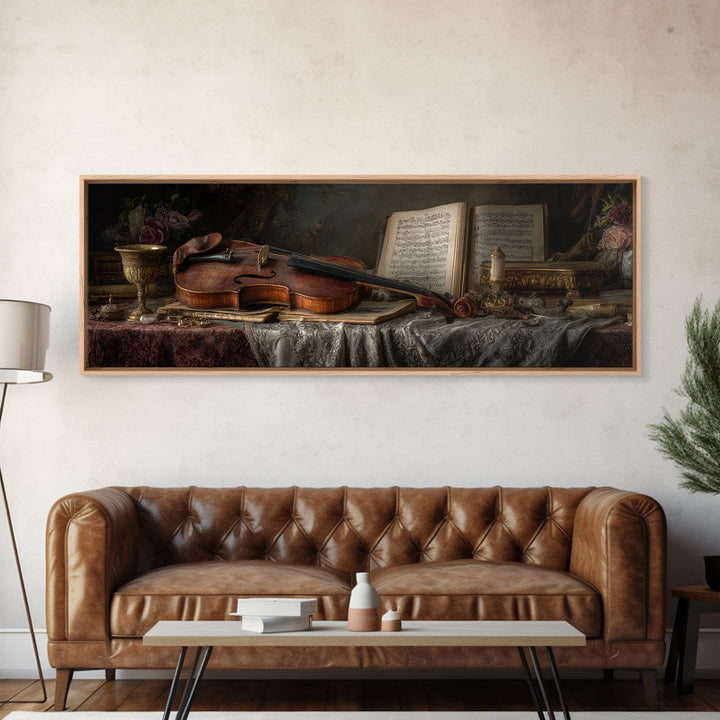 Baroque Violin and Sheet Music Still Life Framed Canvas Print, Baroque Art, Home Decor, Living Room Decor, Fine Art, Ornate, BAO-3x1-27
