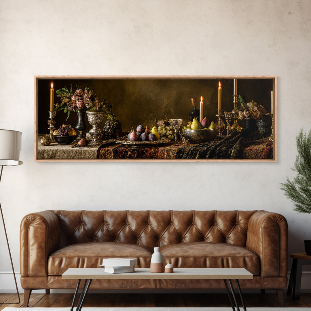 Candlelit Table with Silver Goblet and Figs Canvas Print, Baroque Art, Poster, Living Room Decor, Oil Painting, Ornate, BAO-3x1-29