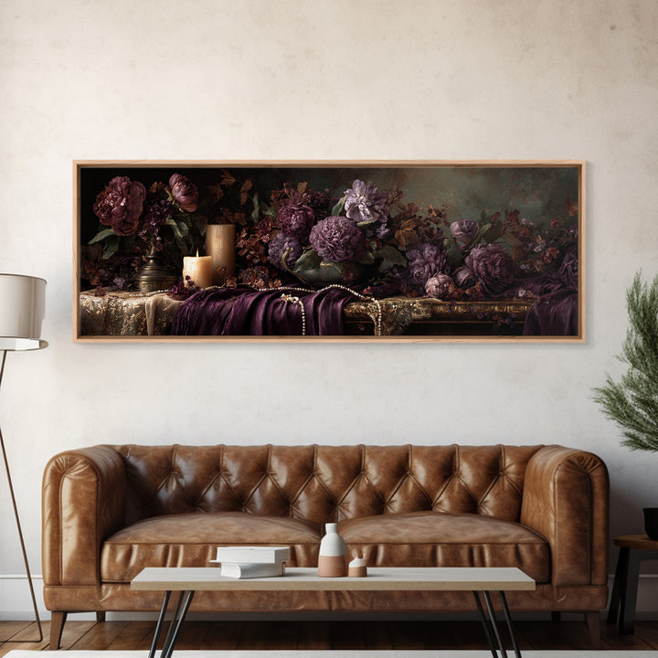 Velvet Drapery with Pearls Flowers and Candlelight Canvas Print, Baroque Art, Art Print, Living Room Decor, Fine Art, Ornate, BAO-3x1-43