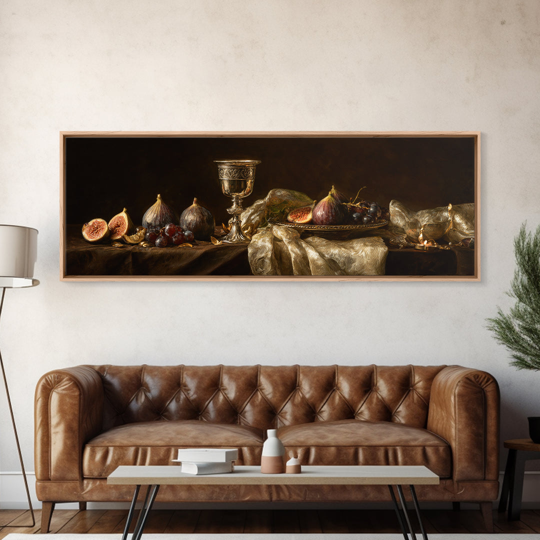 Candlelit Table with Silver Goblet and Figs Framed Canvas Print, Baroque Art, Oil Painting, Living Room Decor, Fine Art, Ornate, BAO-3x1-53