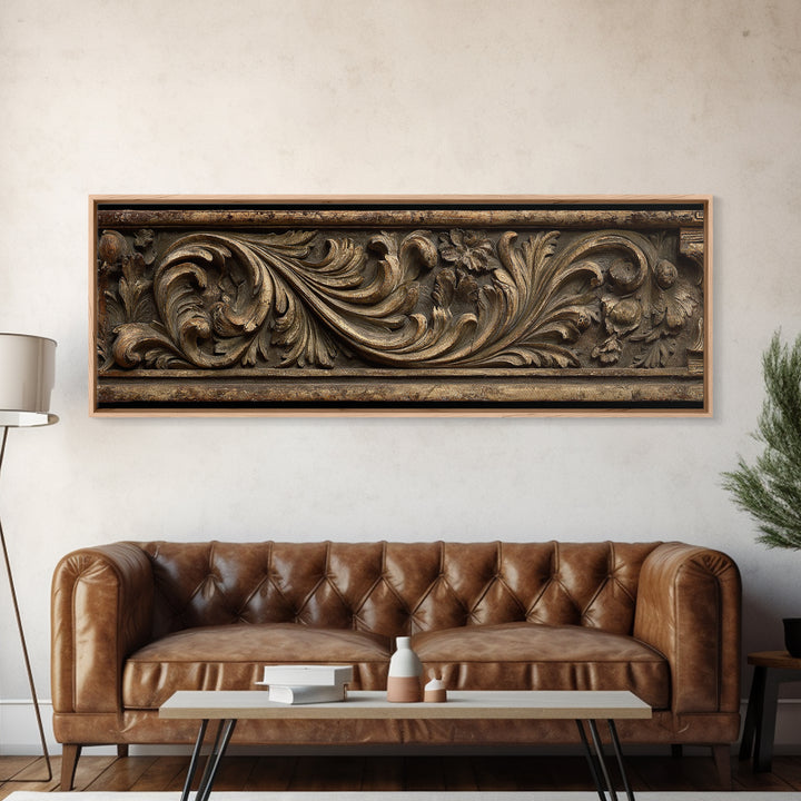 Carved Acanthus Leaf Ornament Study Framed Canvas Print, Baroque Art, Boho Decor, Living Room Decor, Oil Painting, Ornate, BAO-3x1-55
