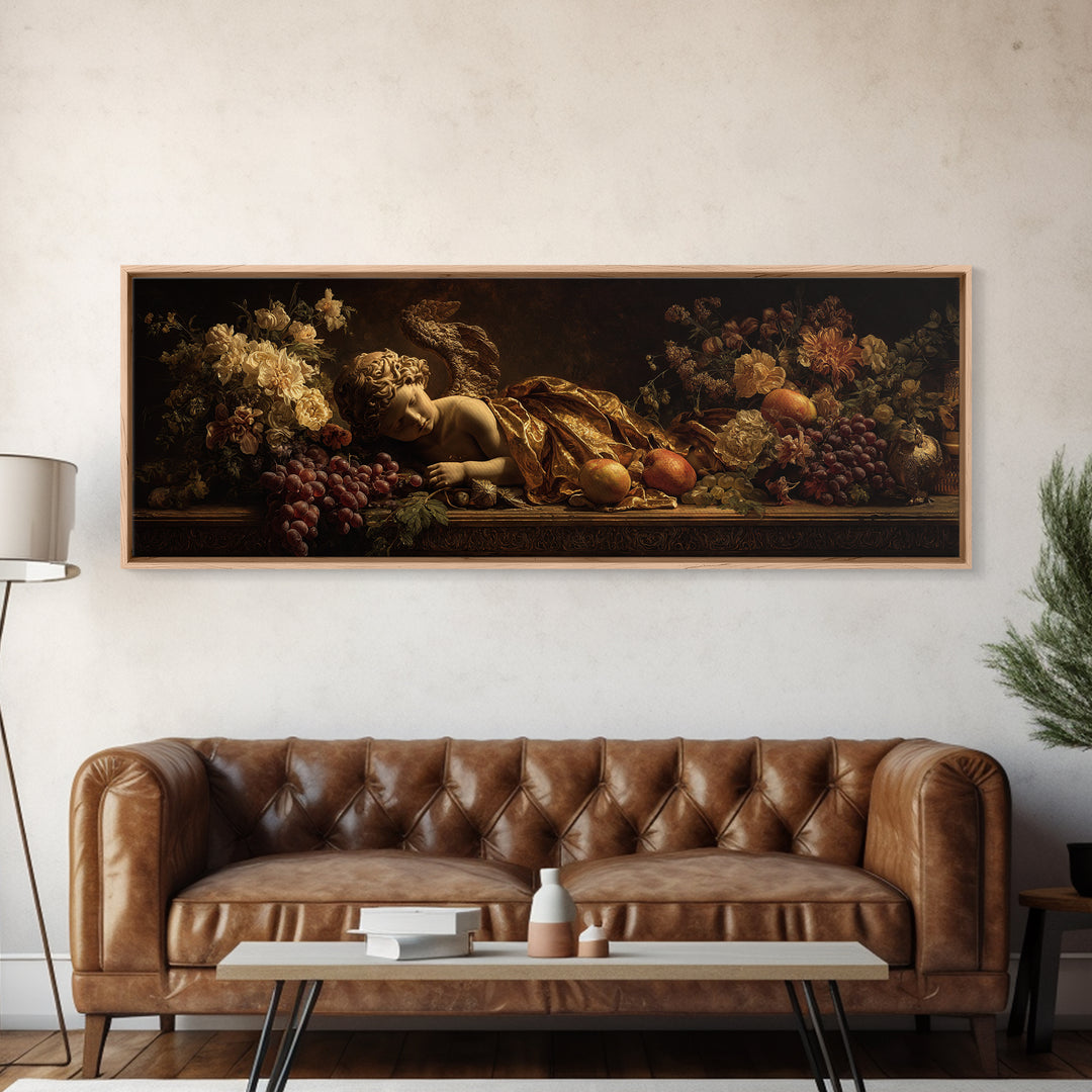 Ornate Cherub Figure Surrounded by Clouds and Canvas Print, Baroque Art, Living Room Decor, Oil Painting, Ornate, BAO-3x1-66
