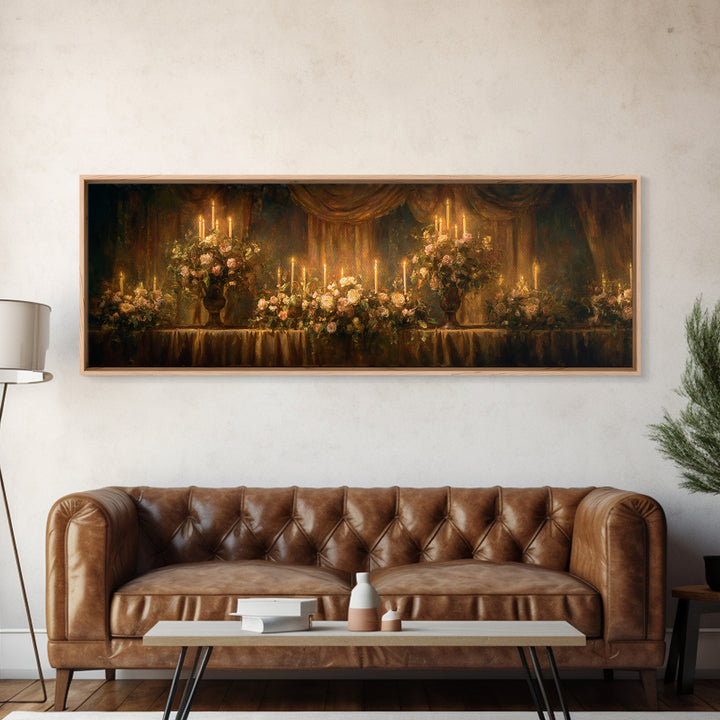 Velvet Drapery with Pearls Flowers and Candlelight Framed Canvas Print, Baroque Art, Wall Art, Living Room Decor, Ornate, BAO-3x1-67