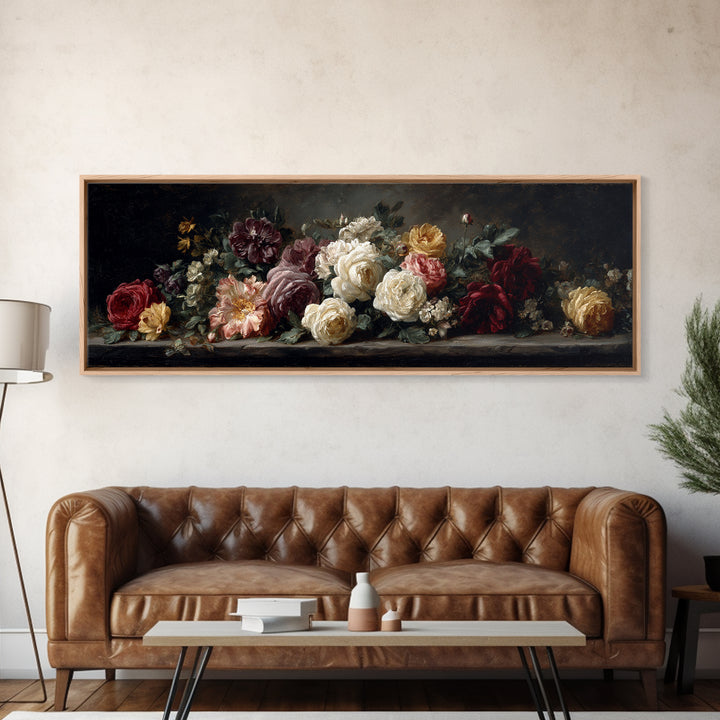Dark Floral Arrangement Framed Canvas Print, Baroque Art, Room Decor, Living Room Decor, Fine Art, Ornate, Digital Wall Art, BAO-3x1-68