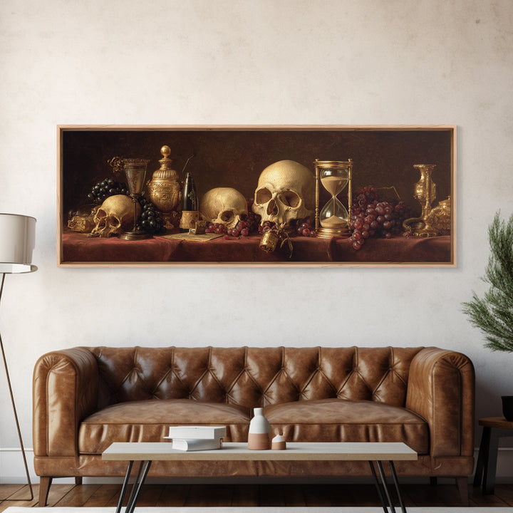Skull and Hourglass Vanitas Still Life Framed Canvas Print, Baroque Art, Whimsical Decor, Living Room Decor, Fine Art, Ornate, BAO-3x1-69