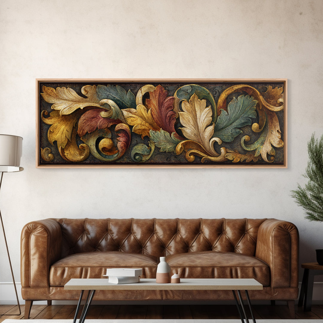 Carved Acanthus Leaf Ornament Study Framed Canvas Print, Baroque Art, Maximalist Wall Art, Living Room Decor, Fine Art, Ornate, BAO-3x1-7