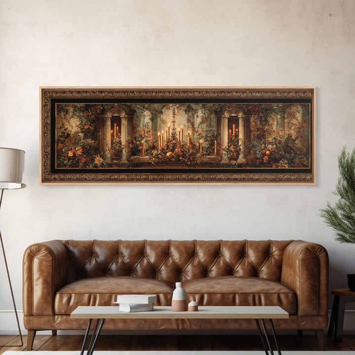 Ornate Gold Frame Illusion Around a Botanical Framed Canvas Print, Baroque Art, 3d Wall Art, Living Room Decor, Oil Painting, BAO-3x1-73