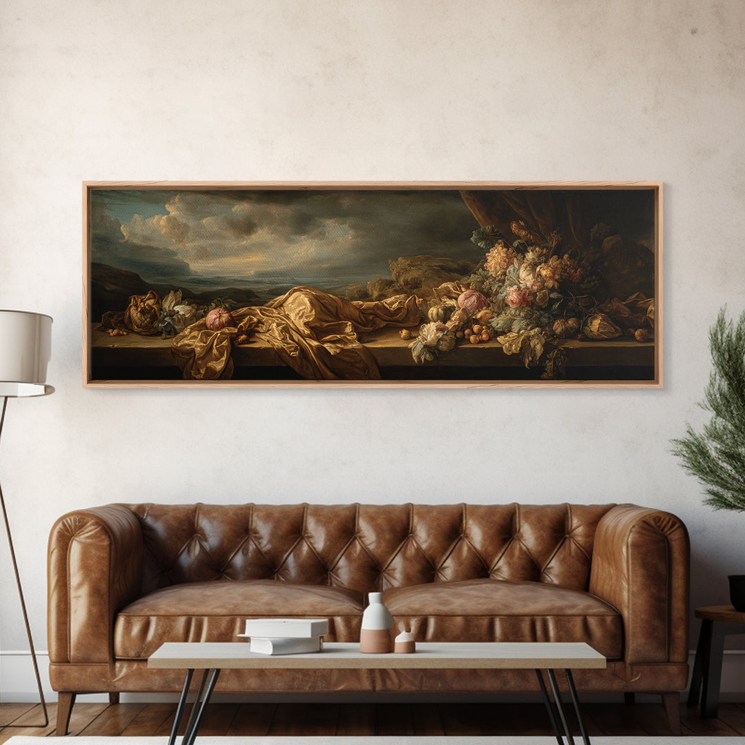 Theatrical Stormy Landscape Framed Canvas Print, Baroque Art, Oil Painting, Living Room Decor, Ornate, Eclectic Wall Art, BAO-3x1-74