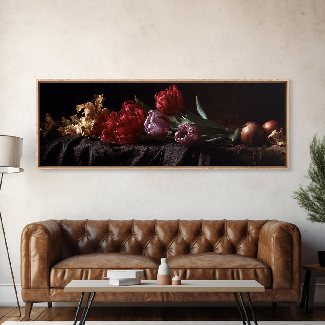 Black Background Tulips Canvas Print, Baroque Art, Gallery Wall, Living Room Decor, Ornate, Neutral Decor, Modern Decor, BAO-3x1-8