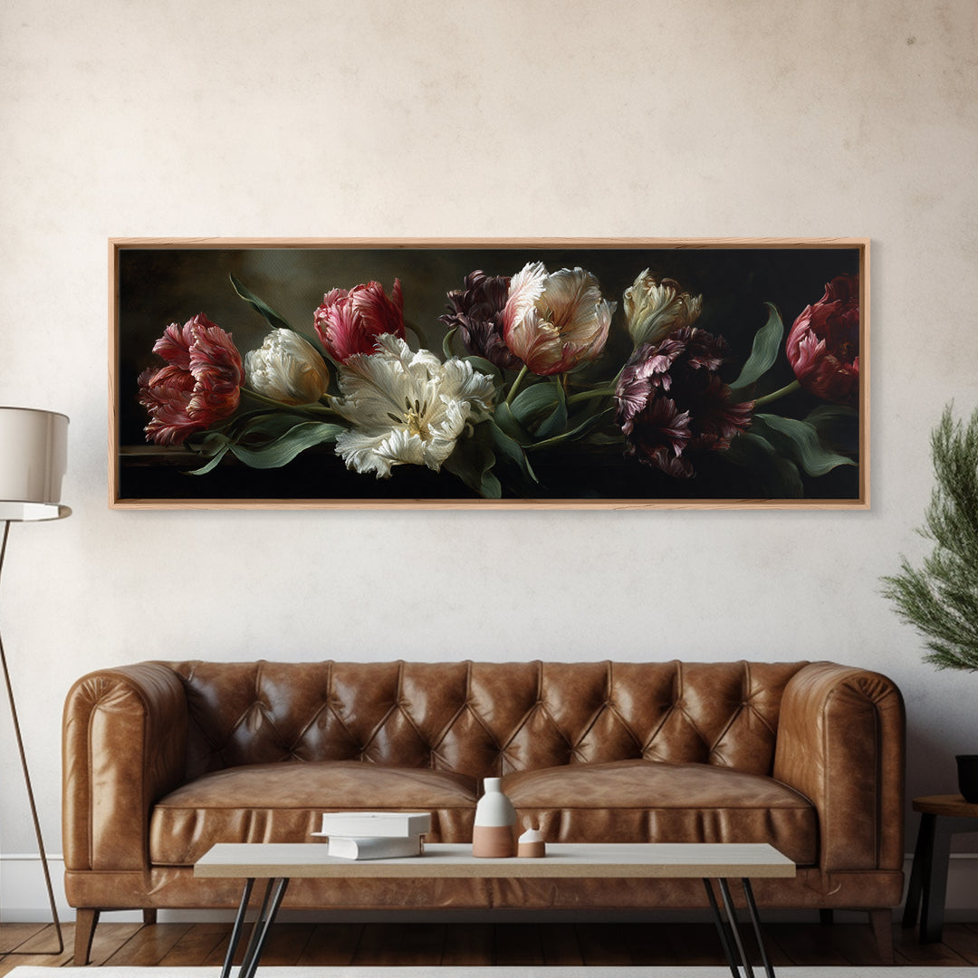 Black Background Tulips Canvas Print, Baroque Art, Minimalist Decor, Living Room Decor, Fine Art, Ornate, Whimsical Decor, BAO-3x1-80