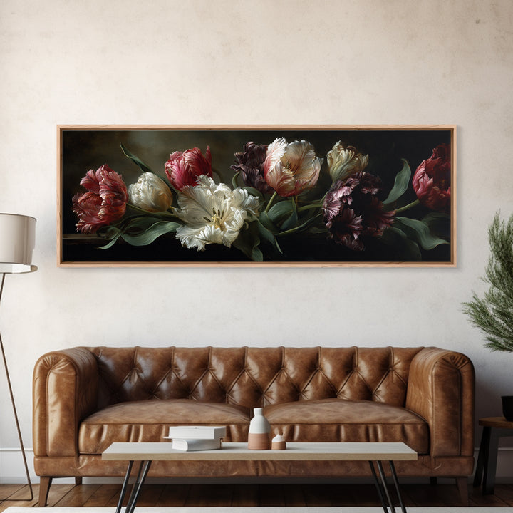 Black Background Tulips Canvas Print, Baroque Art, Minimalist Decor, Living Room Decor, Fine Art, Ornate, Whimsical Decor, BAO-3x1-80