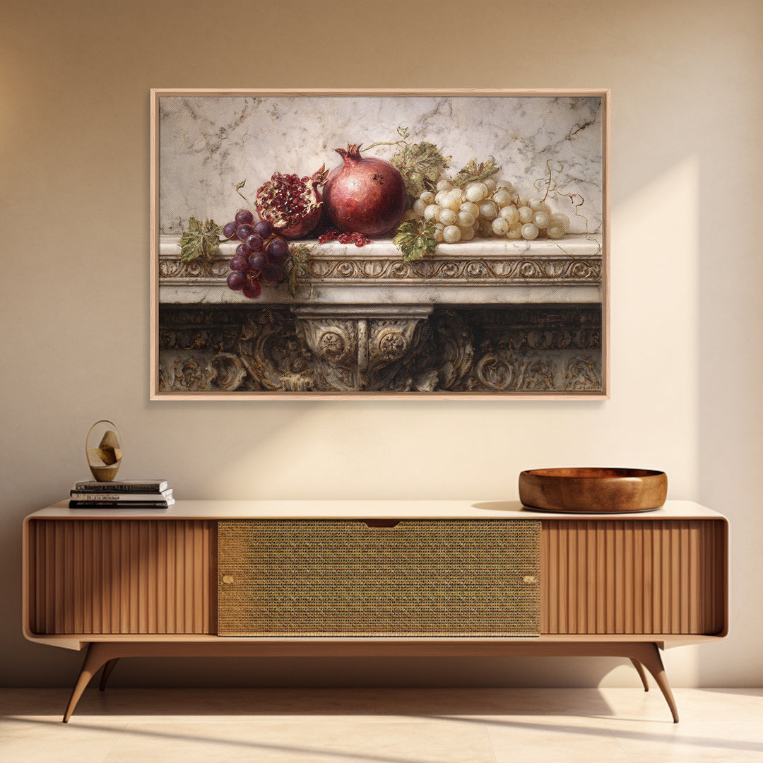 Pomegranate and Grapes on a Marble Ledge Canvas Print, Baroque Art, Luxury Decor, Living Room Decor, Fine Art, Ornate, BAO-3x2-12