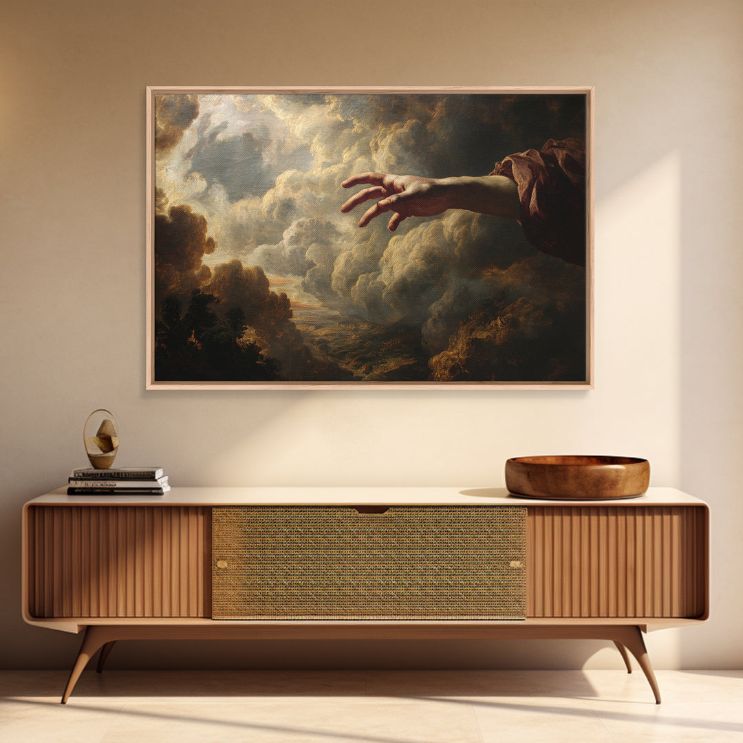 Angelic Hand Reaching Through Clouds Framed Canvas Print, Baroque Art, Painting, Living Room Decor, Abstract Art, Ornate, BAO-3x2-25