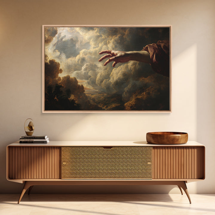 Angelic Hand Reaching Through Clouds Framed Canvas Print, Baroque Art, Painting, Living Room Decor, Abstract Art, Ornate, BAO-3x2-25