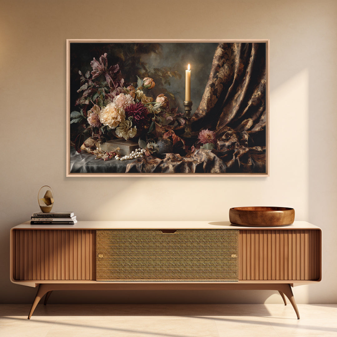 Velvet Drapery with Pearls Flowers and Candlelight Framed Canvas Print, Baroque Art, Painting, Living Room Decor, Ornate, BAO-3x2-31